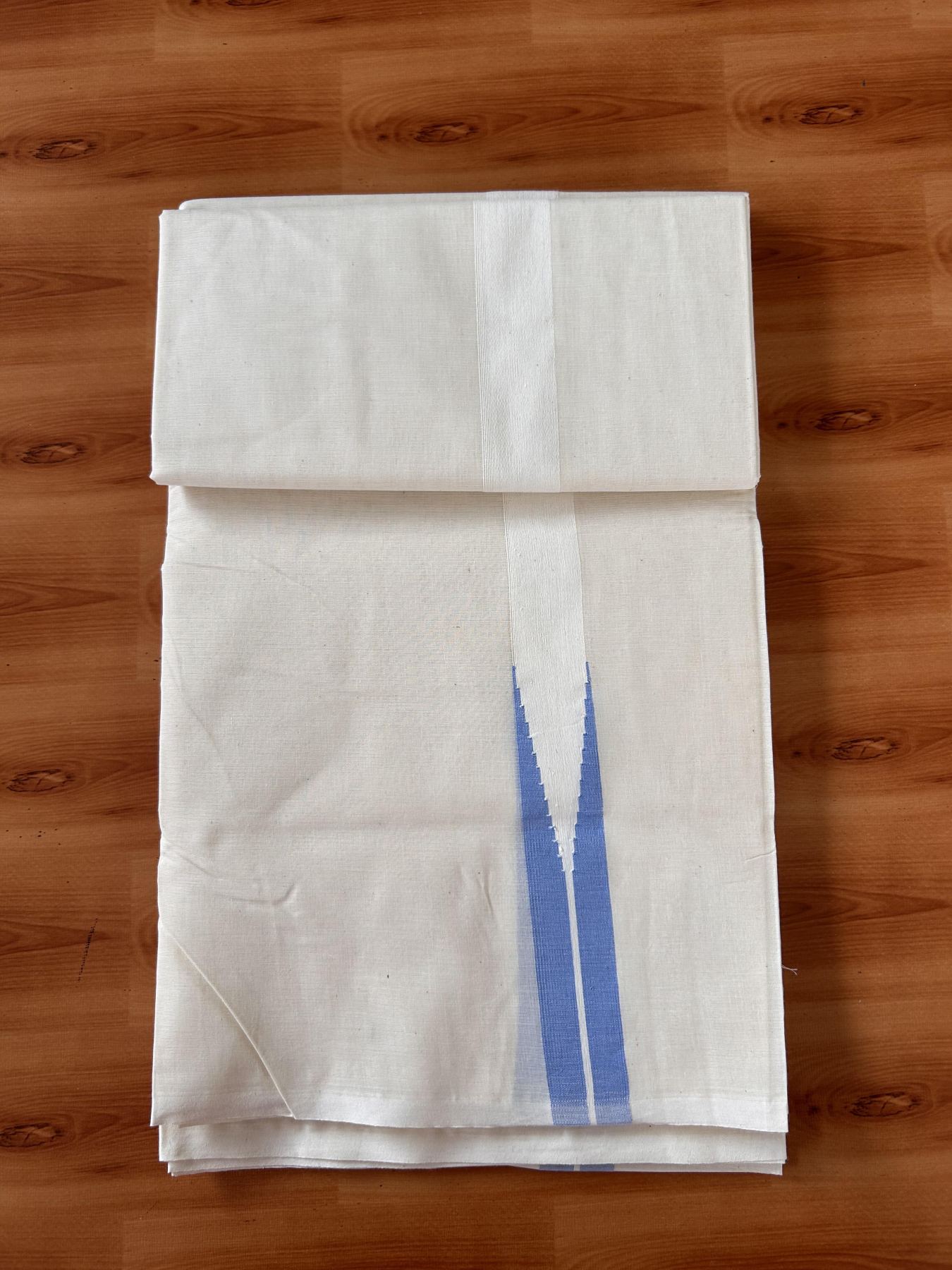 Double Off white Mundu/Dhoti - 20% Discount! KaithariKada Balaramapuram - 100% Cotton  100x100 - 1 inch Puliyilakkara Light Blue Chutty Kara - 4 mtr (8.5 muzham) - 9 KK5435 ASH