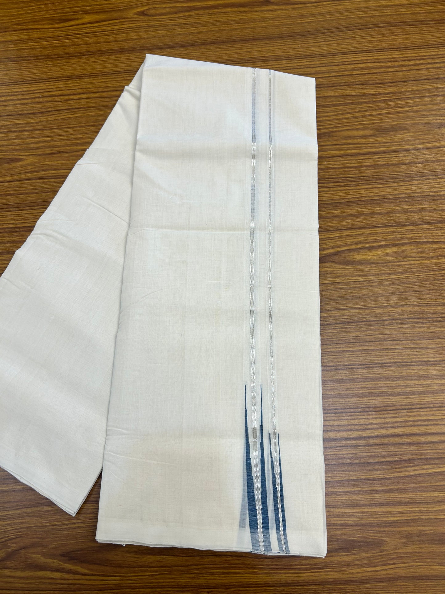 25% Discount! KaithariKada Handloom Millpaav Kerala Handloom - 100% Pure Cotton Off White Double (Unbleached) Mundu/Dothi - 80X90 -1 inch Puliyilakkara Silver Kasav & Peacock Blue Double chutty 4 mtr (8.5 Muzham) - 4 KK5376 RAM