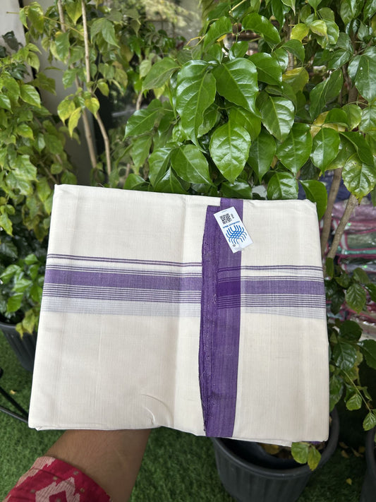 Kerala Handloom - Signature Kaitharikada - Government Sealed Hallmarked-100% Pure Cotton! (2/120X2/160) Twisted Thread- Off White Double Mundu/Dhoti - 1.25 inch Violet Shaded Striped Kara 4 mtr (8.5 muzham) - 30 KK5331 KAL
