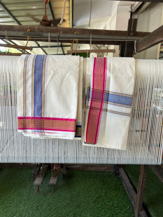 20% Discount! KaithariKada Mixed Cotton Off White - (Unbleached) 80x90 thread - North Indian - Gamcha 8x4 - 2 inch kara with Blue & Rani Pink Gold Kasav Jacquard border - 15 KK5303 PMC