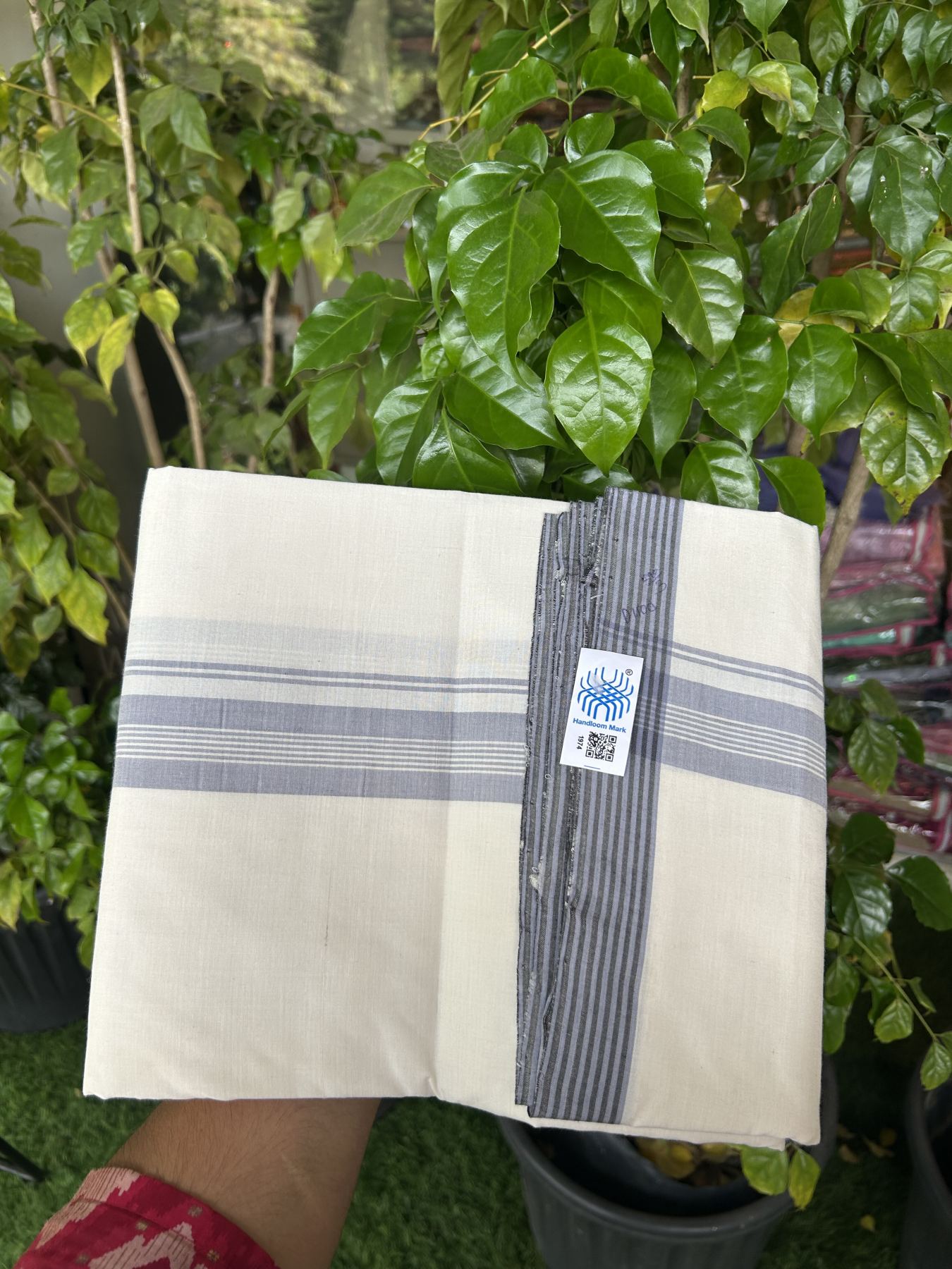 Kerala Handloom - Signature Kaitharikada - Government Sealed Hallmarked-100% Pure Cotton! (2/120sX100) Twisted Thread- Off White Double Mundu/Dhoti - 1.5 inch Light Lavender Blue Shaded Striped Kara 4 mtr (8.5 muzham) - 23 KK5331 KAL