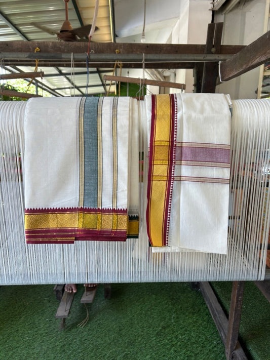 20% Discount! KaithariKada  Mixed Cotton Off White - (Unbleached) 80x90 thread - North Indian - Gamcha 8x4 - 2 inch kara with Maroon & Dark Green Gold Kasav border - 8 KK5303 PMC