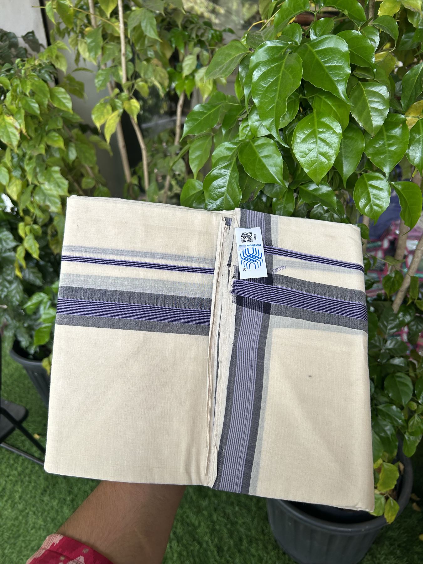 Kerala Handloom - Signature Kaitharikada - 25% Discount!! -100% Pure Cotton! (90X80s) Twisted Thread- Off White Double Mundu/Dhoti - 1.5 inch Black & Bright Lavender Striped Kara 4 mtr (8.5 muzham) - 15 KK5331 KAL