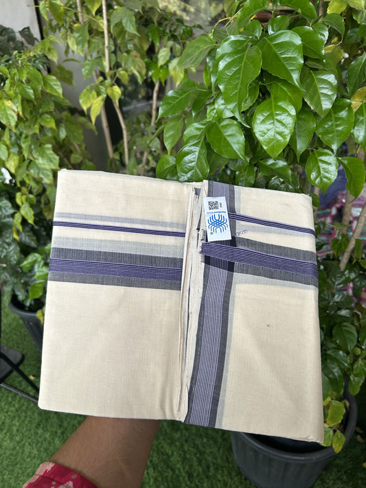 Kerala Handloom - Signature Kaitharikada - 25% Discount!! - Government Sealed Hallmarked-100% Pure Cotton! (90X80s) Twisted Thread- Off White Double Mundu/Dhoti - 1.5 inch Black & Bright Lavender Striped Kara 4 mtr (8.5 muzham) - 15 KK5331 KAL