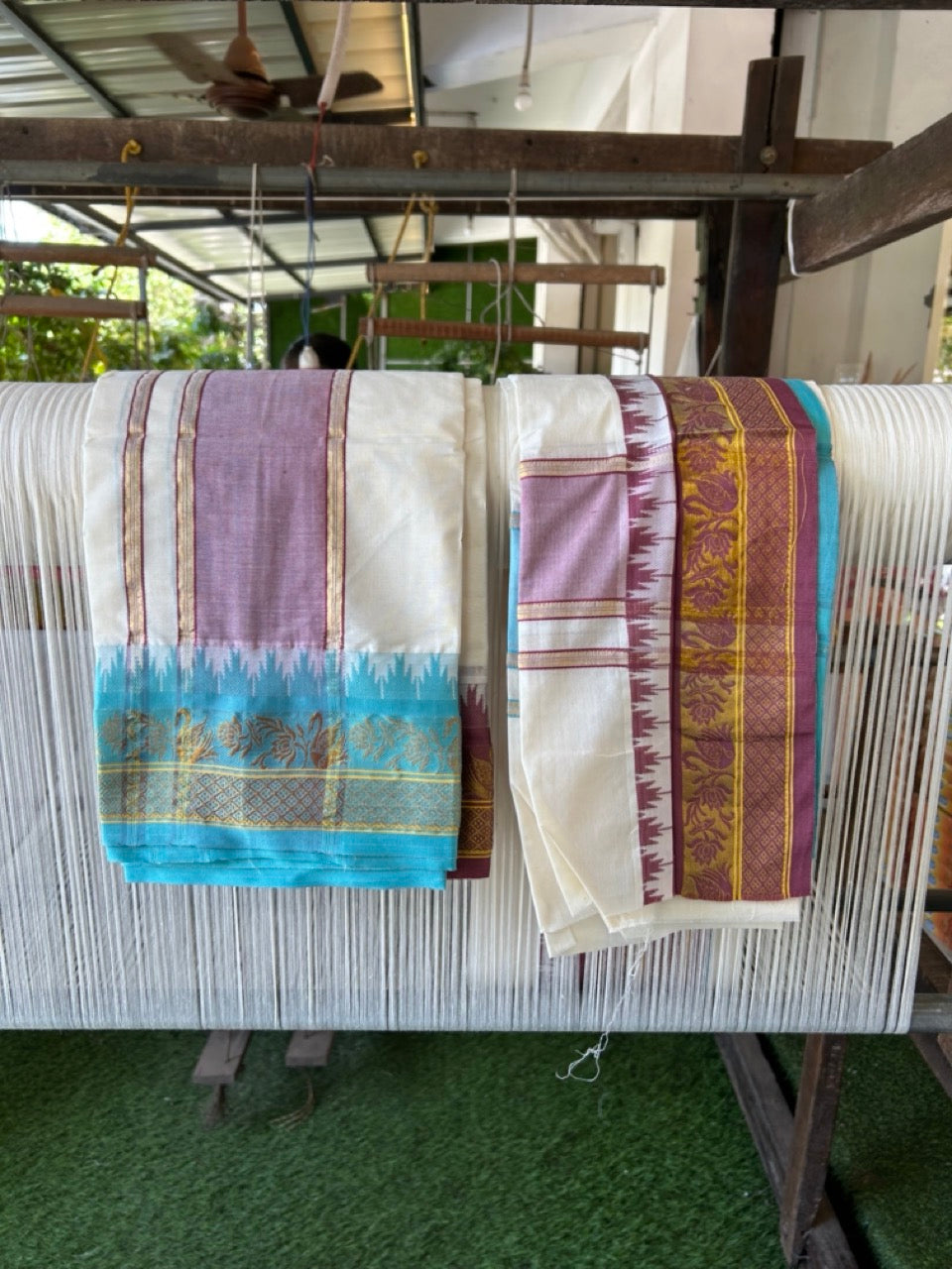 20% Discount! KaithariKada Mixed Cotton Off White - (Unbleached) 80x90 thread - North Indian - Gamcha 8x4 - 4 inch kara with Maroon & Cyan Blue Gold Kasav Jacquard border - 7 KK5303 PMC