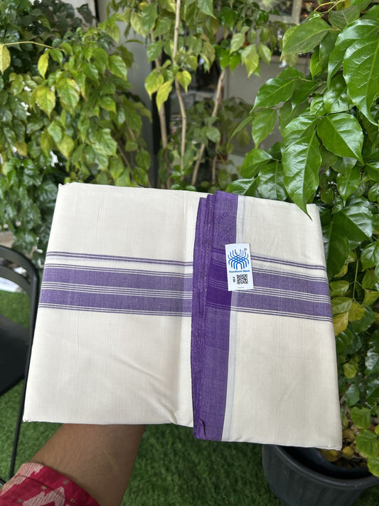 Kerala Handloom - Signature Kaitharikada - Government Sealed Hallmarked-100% Pure Cotton! (2/120X2/160) Twisted Thread- Off White Double Mundu/Dhoti - 1.5 inch Violet Shaded Striped Kara 4 mtr (8.5 muzham) - 21 KK5331 KAL