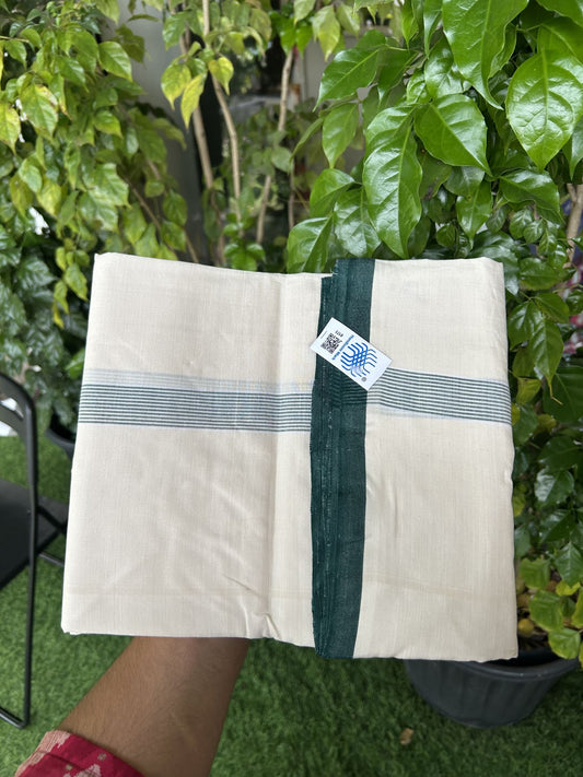 Kerala Handloom - Signature Kaitharikada - Government Sealed Hallmarked-100% Pure Cotton! (2/120X2/160) Twisted Thread- Off White Double Mundu/Dhoti - 1 inch Green Striped Kara 4 mtr (8.5 muzham) - 7 KK5331 KAL