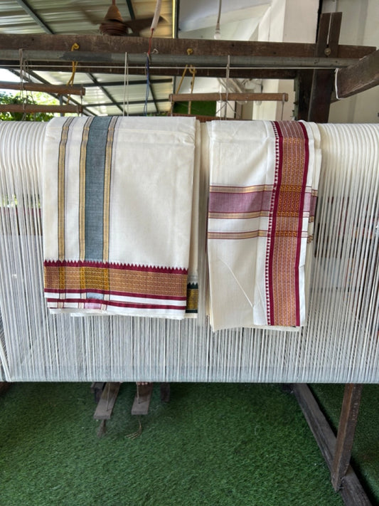 20% Discount! KaithariKada Mixed Cotton Off White - (Unbleached) 80x90 thread - North Indian - Gamcha 8x4 - 2 inch kara with Green & Maroon Gold Kasav Jacquard border - 17 KK5303 PMC