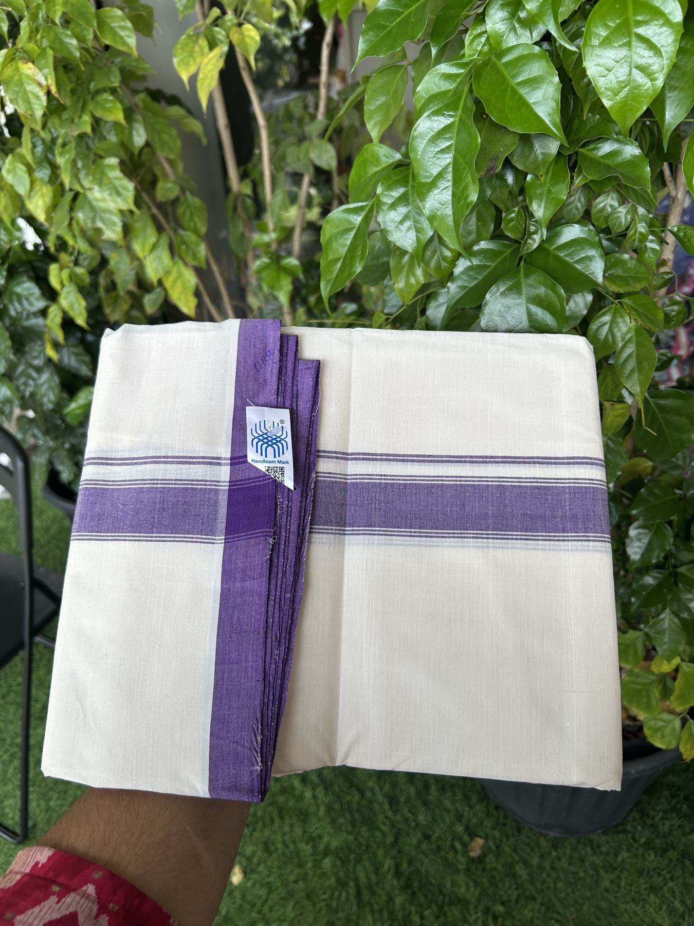 Kerala Handloom - Signature Kaitharikada - 100% Pure Cotton! (2/120X2/160) Twisted Thread- Off White Double Mundu/Dhoti - 1.25 inch Violet Striped Kara 4 mtr (8.5 muzham) - 6 KK5331 KAL