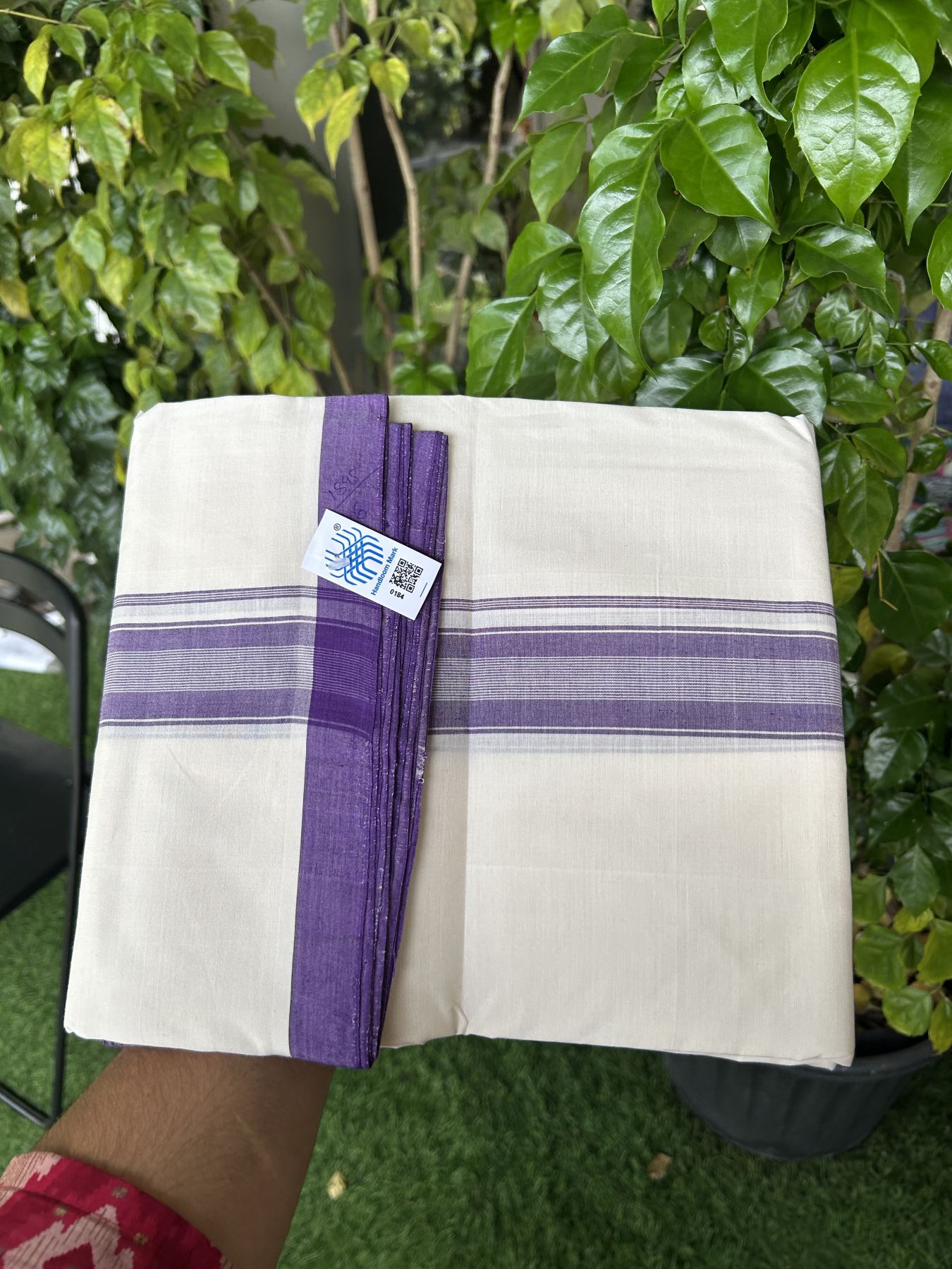 Kerala Handloom - Signature Kaitharikada - Government Sealed Hallmarked-100% Pure Cotton! (2/120X2/160) Twisted Thread- Off White Double Mundu/Dhoti - 1.5 inch Violet Striped Kara 4 mtr (8.5 muzham) - 5 KK5331 KAL