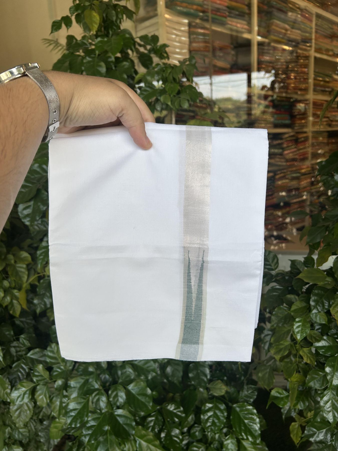 20% Discount ! Kaitharikada Balaramapuram 100% Cotton Pure White Double Mundu/Dothi - 100x80 - 1 inch Puliyilakkara Silver Kasav & Bottle Green Chutty Kara 3.90 mtr (8 muzham) - 61 KK5356 VAS