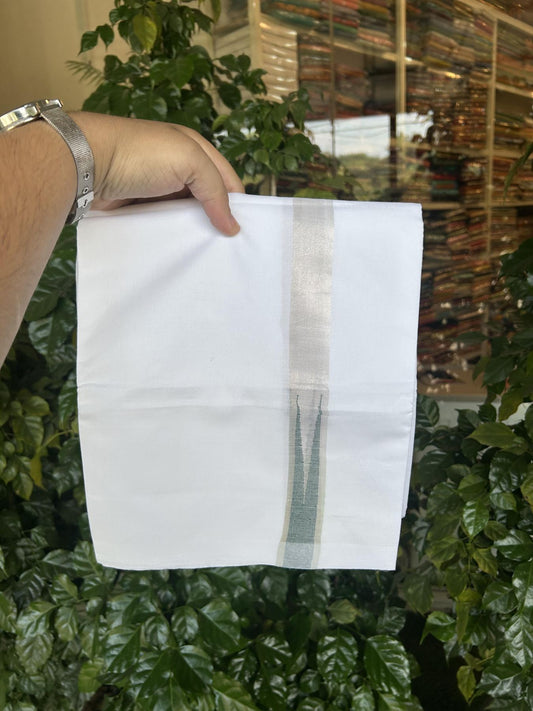 20% Discount ! Kaitharikada Balaramapuram 100% Cotton Pure White Double Mundu/Dothi - 100x80 - 1 inch Puliyilakkara Silver Kasav & Bottle Green Chutty Kara 3.90 mtr (8 muzham) - 61 KK5356 VAS