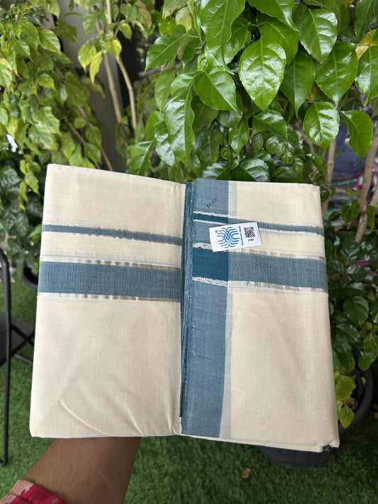 Kerala Handloom - Signature Kaitharikada - 25% Discount! - Government Sealed Hallmarked-100% Pure Cotton! (90x80) Twisted Thread- Off White Double Mundu/Dhoti - 1.5 inch Silver Kasav & Peacock Blue Kara 4 mtr (8.5 muzham) - 4 KK5331 KAL