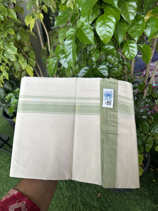 Kerala Handloom - Signature Kaitharikada - Government Sealed Hallmarked-100% Pure Cotton! (2/120X2/160) Twisted Thread- Off White Double Mundu/Dhoti - 1 inch Light Green Striped Kara 4 mtr (8.5 muzham) - 3 KK5331 KAL