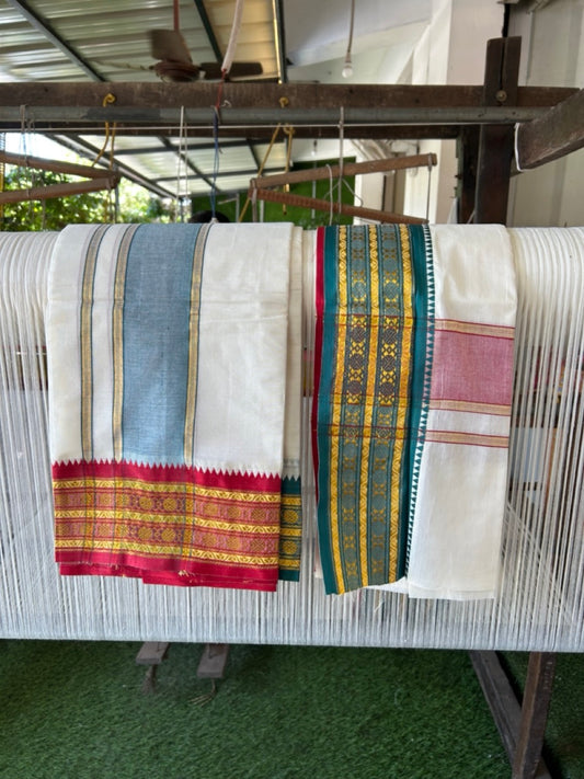 20% Discount! KaithariKada Mixed Cotton Off White - (Unbleached) 80x90 thread - North Indian - Gamcha 8x4 - 3.25 inch kara with Green & Red Gold Kasav Jacquard border - 19 KK5303 PMC