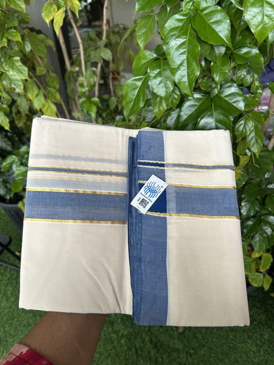 Kerala Handloom - Kaitharikada - 25% Discount! - Government Sealed Hallmarked-100% Pure Cotton! (90X80s) Twisted Thread- Off White Double Mundu/Dhoti - 1.75 inch Gold Kasav & Blue Shaded Kara 4 mtr (8.5 muzham) - 20 KK5331 KAL