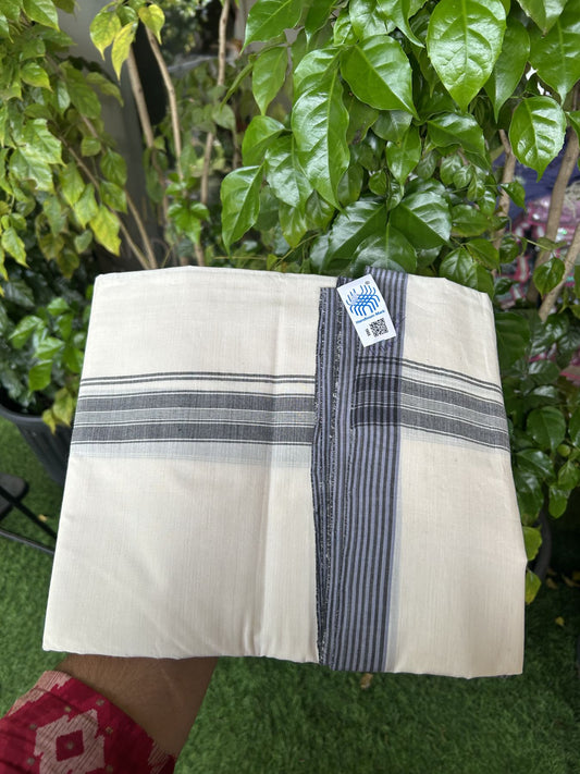 Kerala Handloom - Signature Kaitharikada - Government Sealed Hallmarked-100% Pure Cotton! (2/120sX100) Twisted Thread- Off White Double Mundu/Dhoti - 1.25 inch Black Shaded Striped Kara 4 mtr (8.5 muzham) - 19 KK5331 KAL