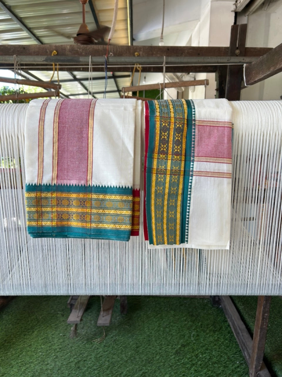 20% Discount! KaithariKada Mixed Cotton Off White - (Unbleached) 80x90 thread - North Indian - Gamcha 8x4 - 3.25 inch kara with Green & Red Gold Kasav Jacquard border - 18 KK5303 PMC