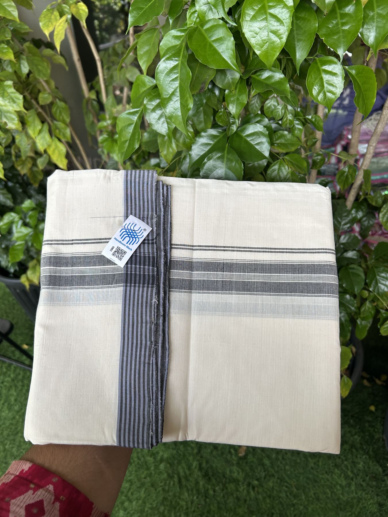 Kerala Handloom - Signature Kaitharikada - Government Sealed Hallmarked-100% Pure Cotton! (2/120sX100) Twisted Thread- Off White Double Mundu/Dhoti - 1.25 inch Black Shaded Striped Kara 4 mtr (8.5 muzham) - 18 KK5331 KAL