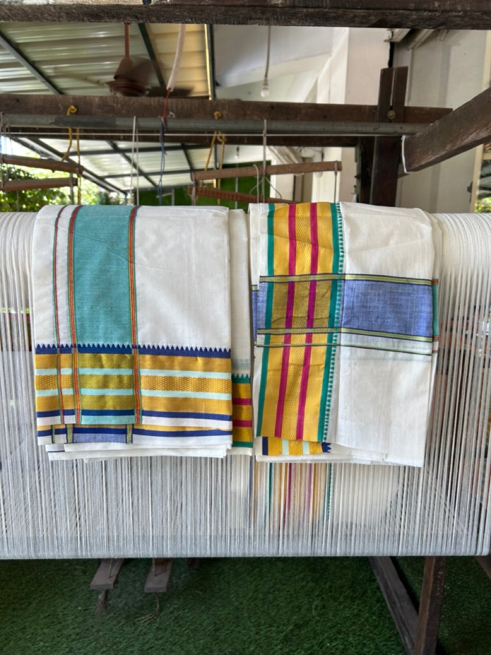 20% Discount! KaithariKada  Mixed Cotton Off White - (Unbleached) 80x90 thread - North Indian - Gamcha 8x4 - 4 inch kara with Magenta & Turquoise Green Gold Kasav border - 6 KK5303 PMC