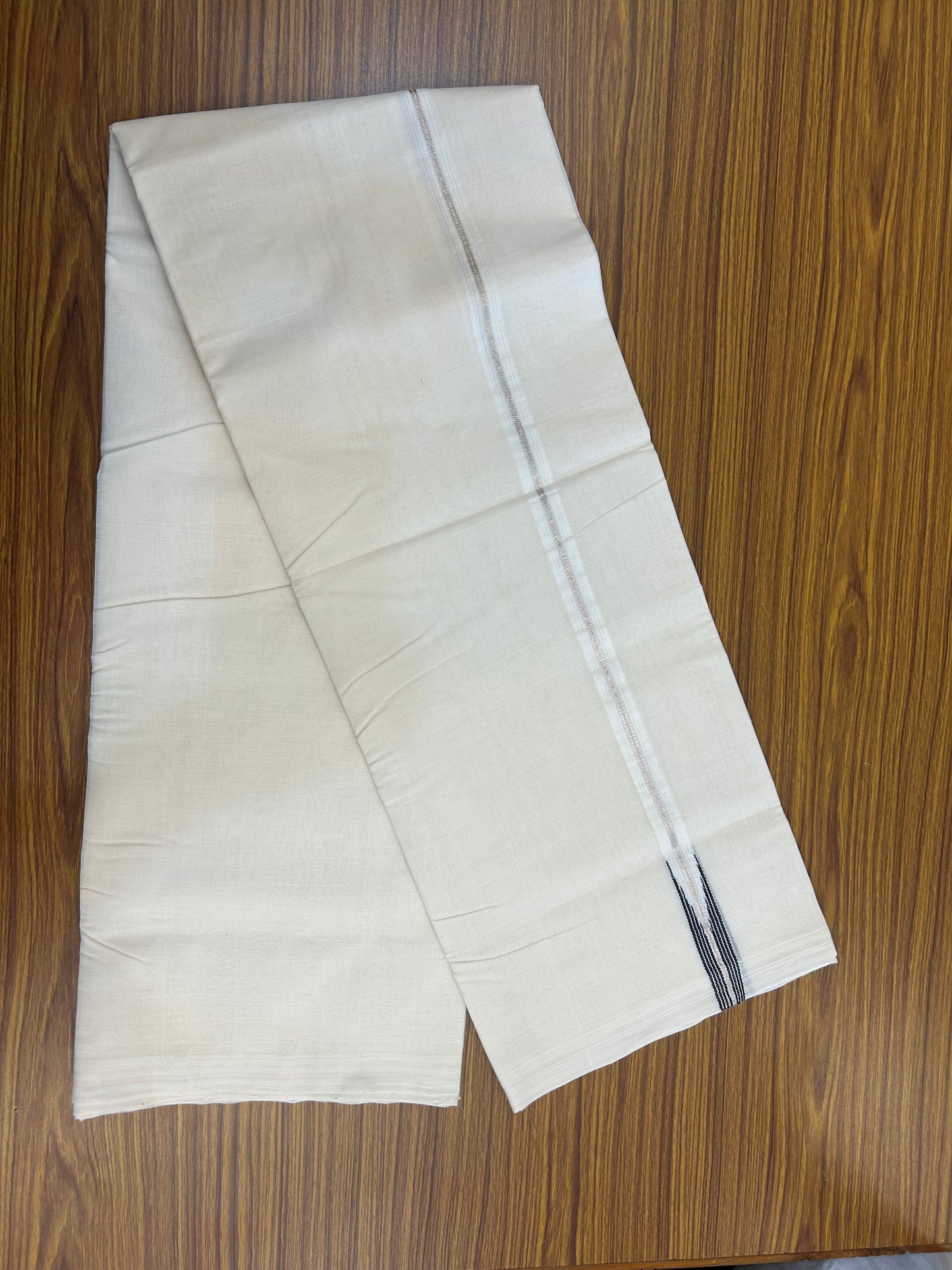 25% Discount ! KaithariKada Handloom Millpaav Kerala Handloom - 100% Pure Cotton Off White Double (Unbleached) Mundu/Dothi - 80X90 - 1 inch Puliyilakkara Silver Kasav & Black Stripes chutty Kara 4 mtr (8.5 Muzham) - 11 KK5376 RAM