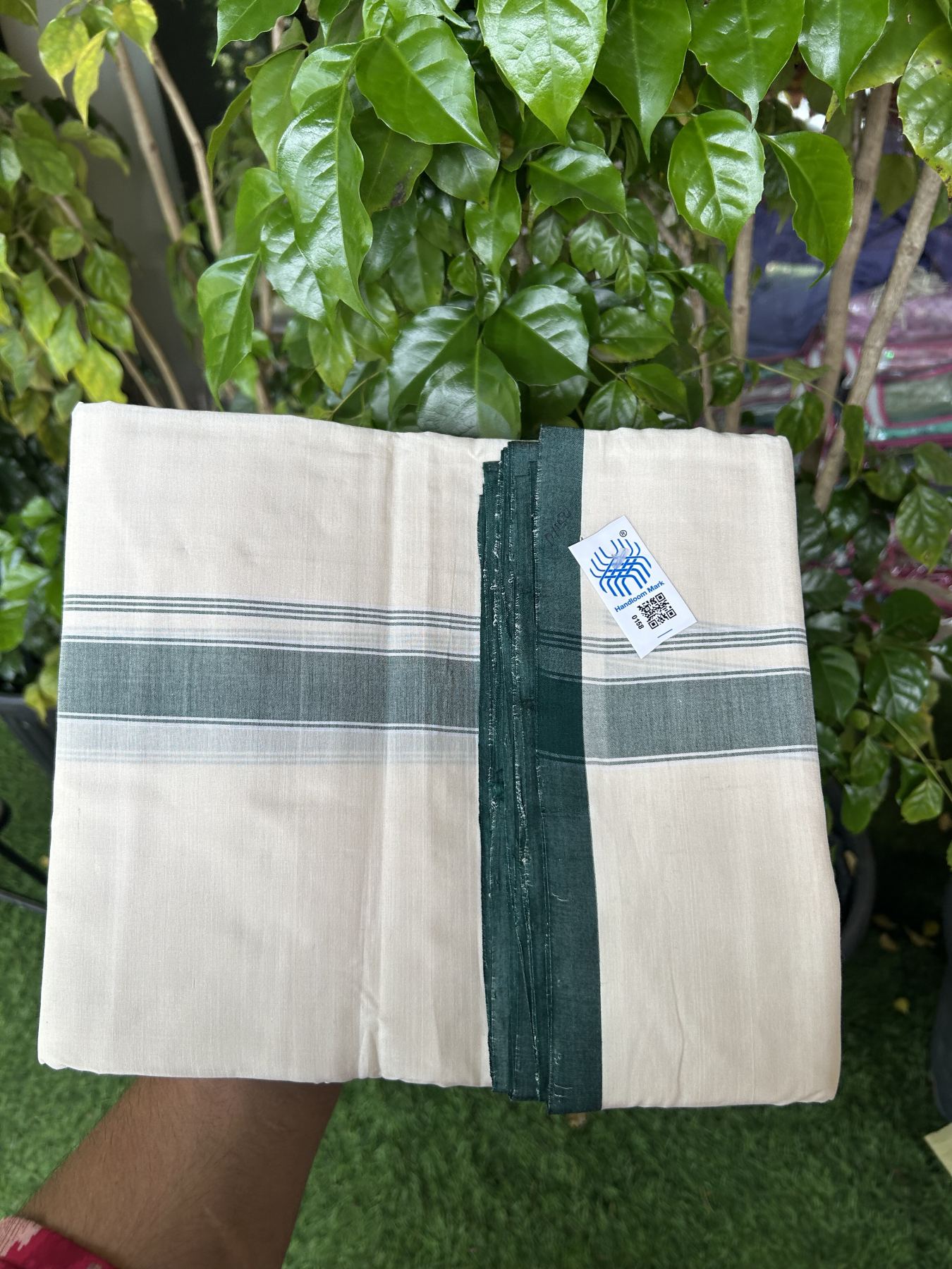 Kerala Handloom - Signature Kaitharikada -100% Pure Cotton! (2/120X2/160) Twisted Thread- Off White Double Mundu/Dhoti - 1.25 inch Green Striped Kara 4 mtr (8.5 muzham) - 16 KK5331 KAL