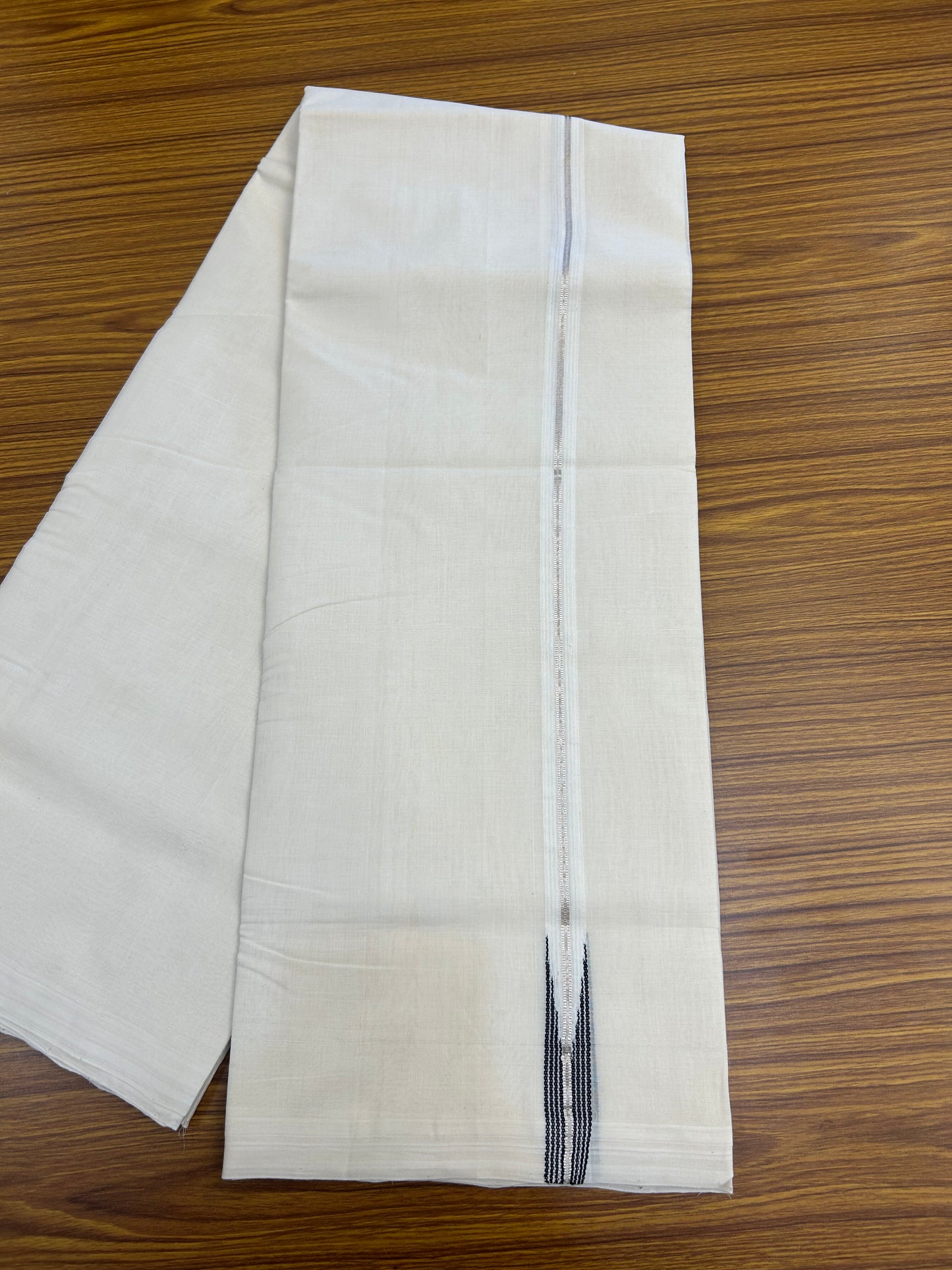 25% Discount ! KaithariKada Handloom Millpaav Kerala Handloom - 100% Pure Cotton Off White Double (Unbleached) Mundu/Dothi - 80X90 - 1 inch Puliyilakkara Silver Kasav & Black Stripes chutty Kara 4 mtr (8.5 Muzham) - 11 KK5376 RAM