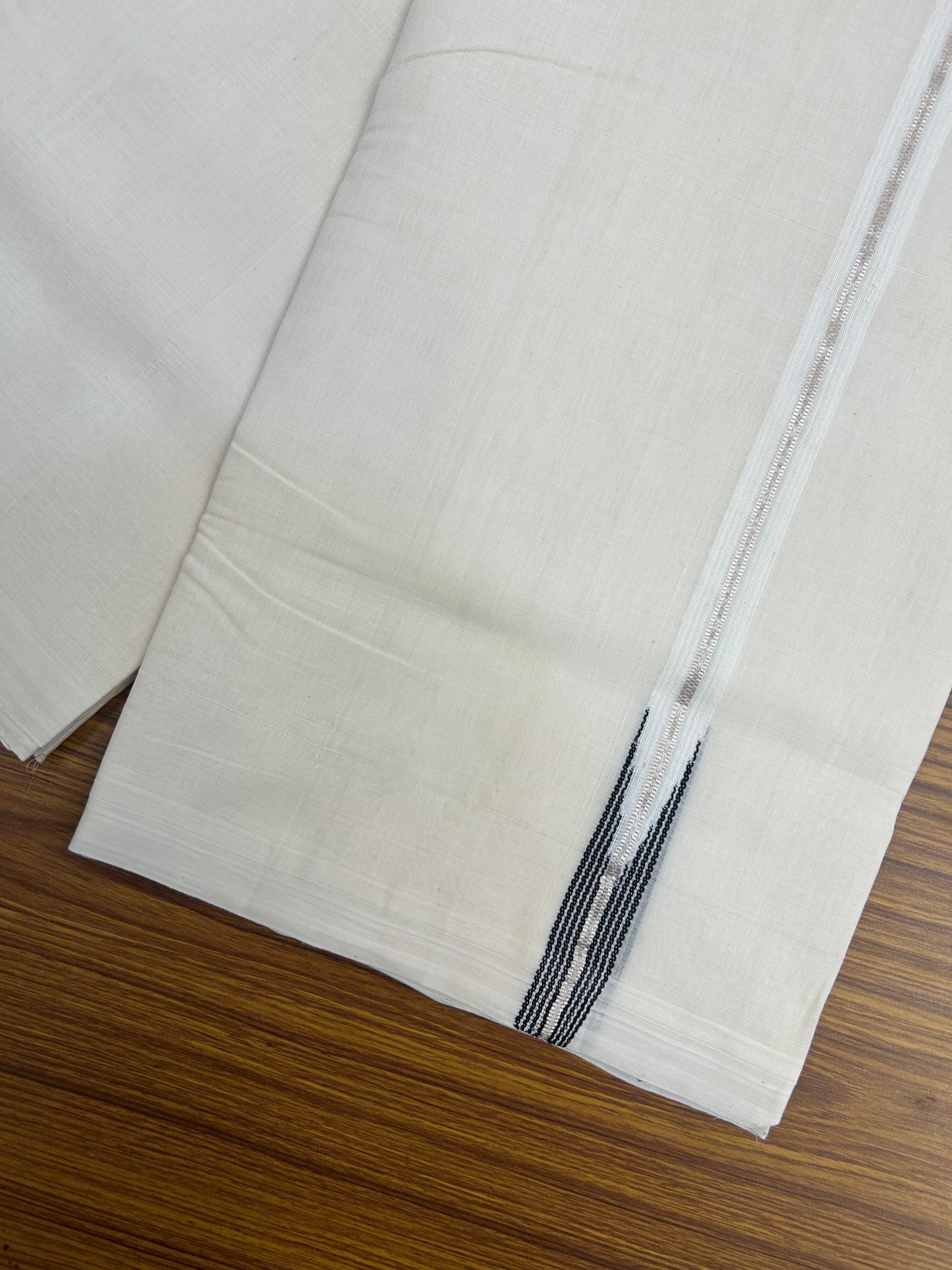 25% Discount ! KaithariKada Handloom Millpaav Kerala Handloom - 100% Pure Cotton Off White Double (Unbleached) Mundu/Dothi - 80X90 - 1 inch Puliyilakkara Silver Kasav & Black Stripes chutty Kara 4 mtr (8.5 Muzham) - 11 KK5376 RAM