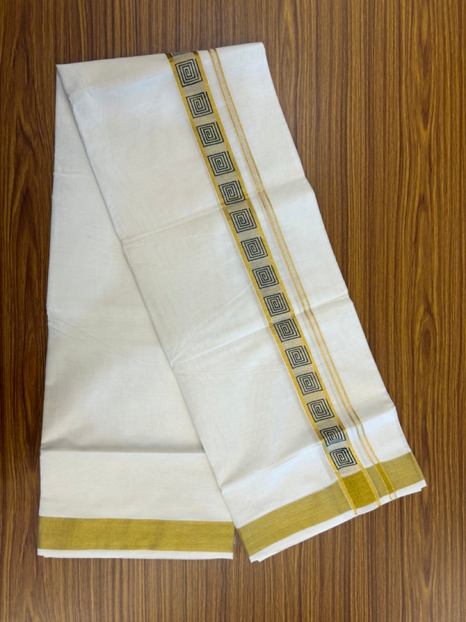 22% Discount!! KaithariKada Balaramapuram 100% Cotton Double Off White - (Ubleached) Mundu/Dhoti - 80x80 - 1.5 inch Gold Kasavu & Green Printed Design Kara - 4 mtr (8 muzham)- 29 KK5253 GAN