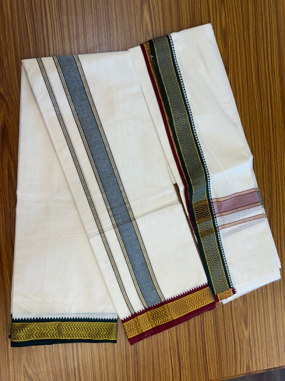 20% Discount! KaithariKada Mixed Cotton Off White - (Unbleached) 80x90 thread - North Indian - Gamcha 8x4 - 2 inch kara with Green & Maroon Gold Kasav Jacquard border - 16 KK5303 PMC