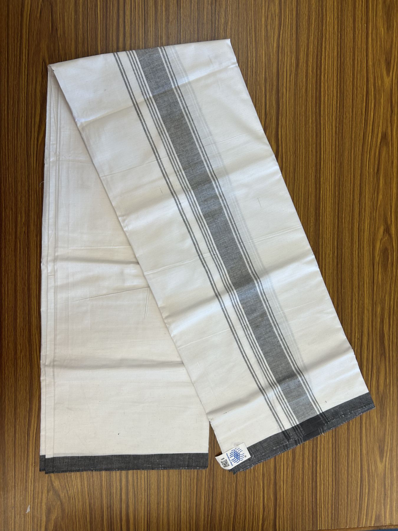 Kerala Handloom - Signature Kaitharikada - Government Sealed Hallmarked - 100% Pure Cotton 2/60X40s Thread - Light White Single Mundu / Dhoti - 2 inch Black Striped Kara - 2 KK8046 KAL