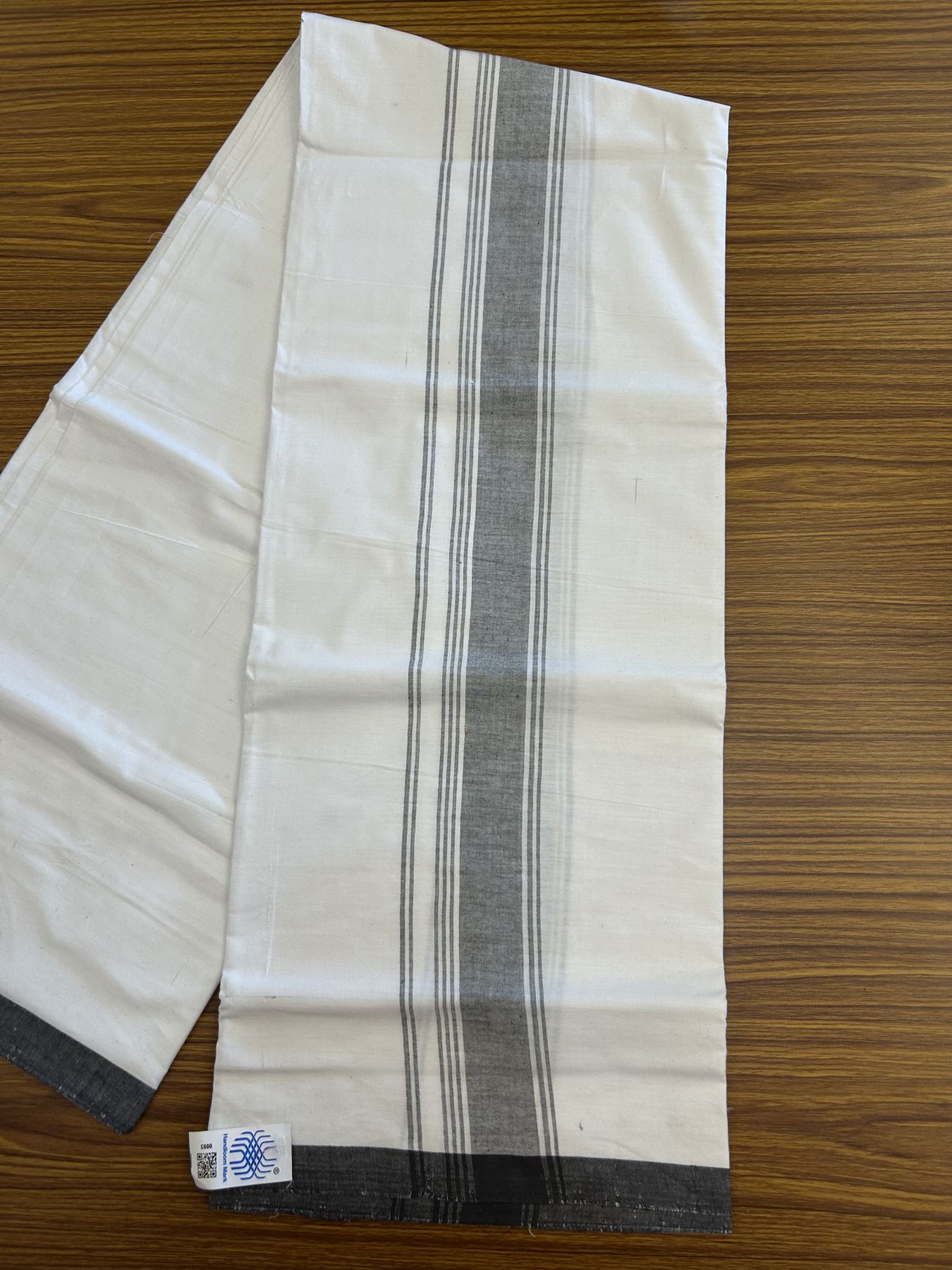 Kerala Handloom - Signature Kaitharikada - Government Sealed Hallmarked - 100% Pure Cotton 2/60X40s Thread - Light White Single Mundu / Dhoti - 2 inch Black Striped Kara - 2 KK8046 KAL