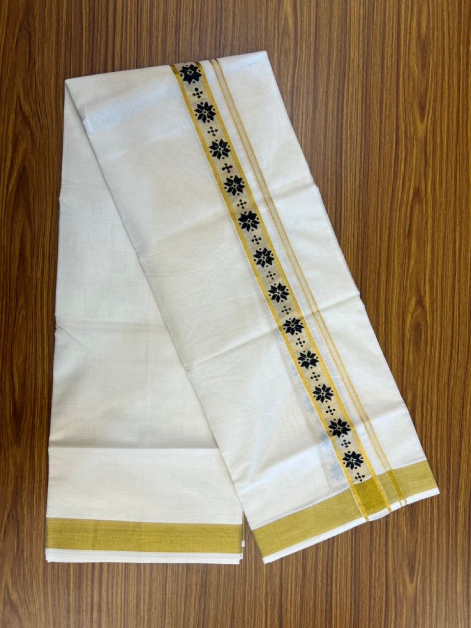 22% Discount!! KaithariKada Balaramapuram 100% Cotton Double Off White - (Ubleached) Mundu/Dhoti - 80x80 - 1.5 inch Gold Kasavu & Black Flower Printed Design Kara - 4 mtr (8 muzham)- 31 KK5253 GAN