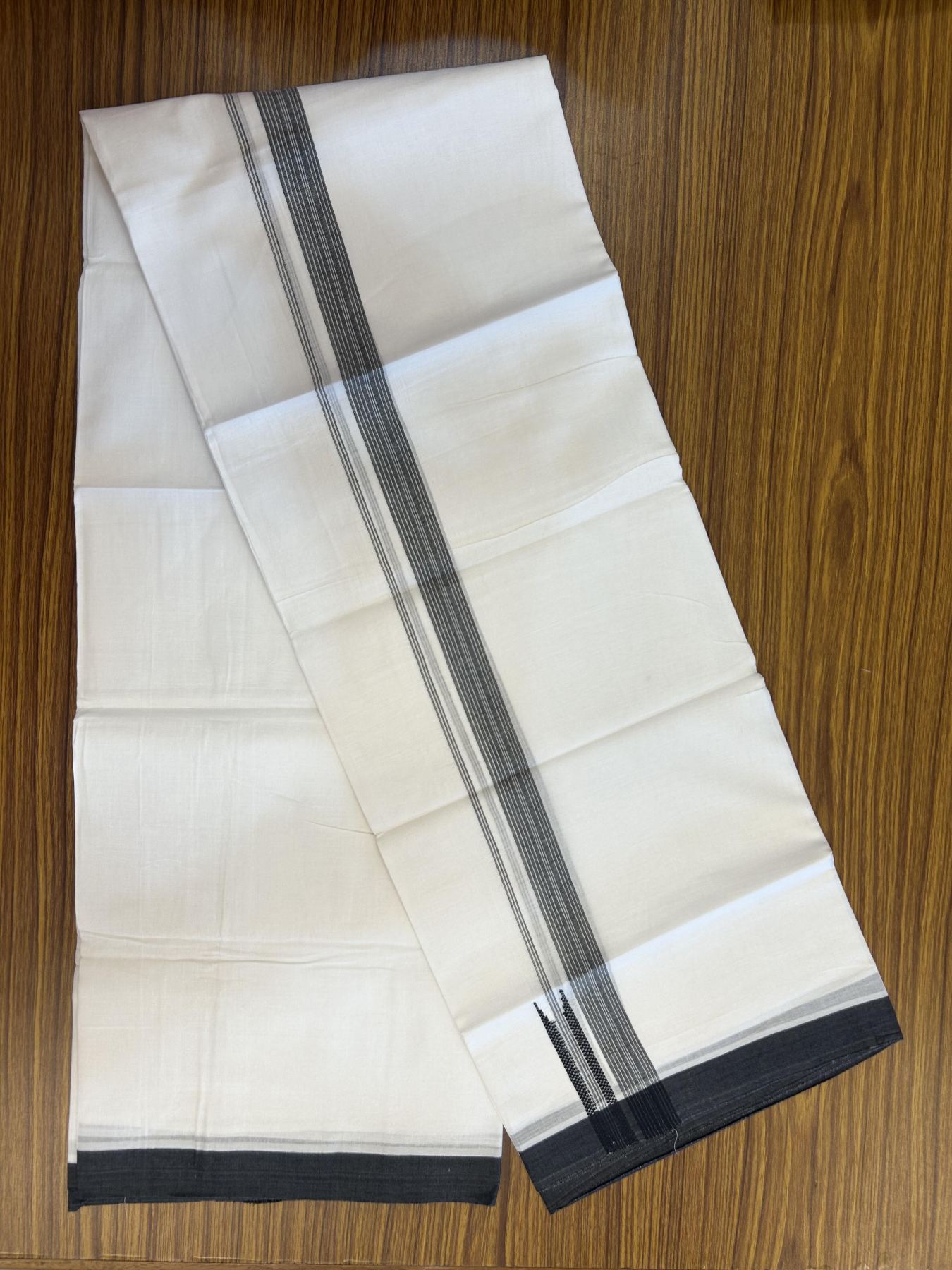 20% Discount ! Kaitharikada Balaramapuram 100% Cotton Pure White Double Mundu/Dothi - 100x80 - 0.75 inch Puliyilakkara Black Striped Chutty Kara 3.90 mtr (8 muzham) - 87 KK5356 VAS