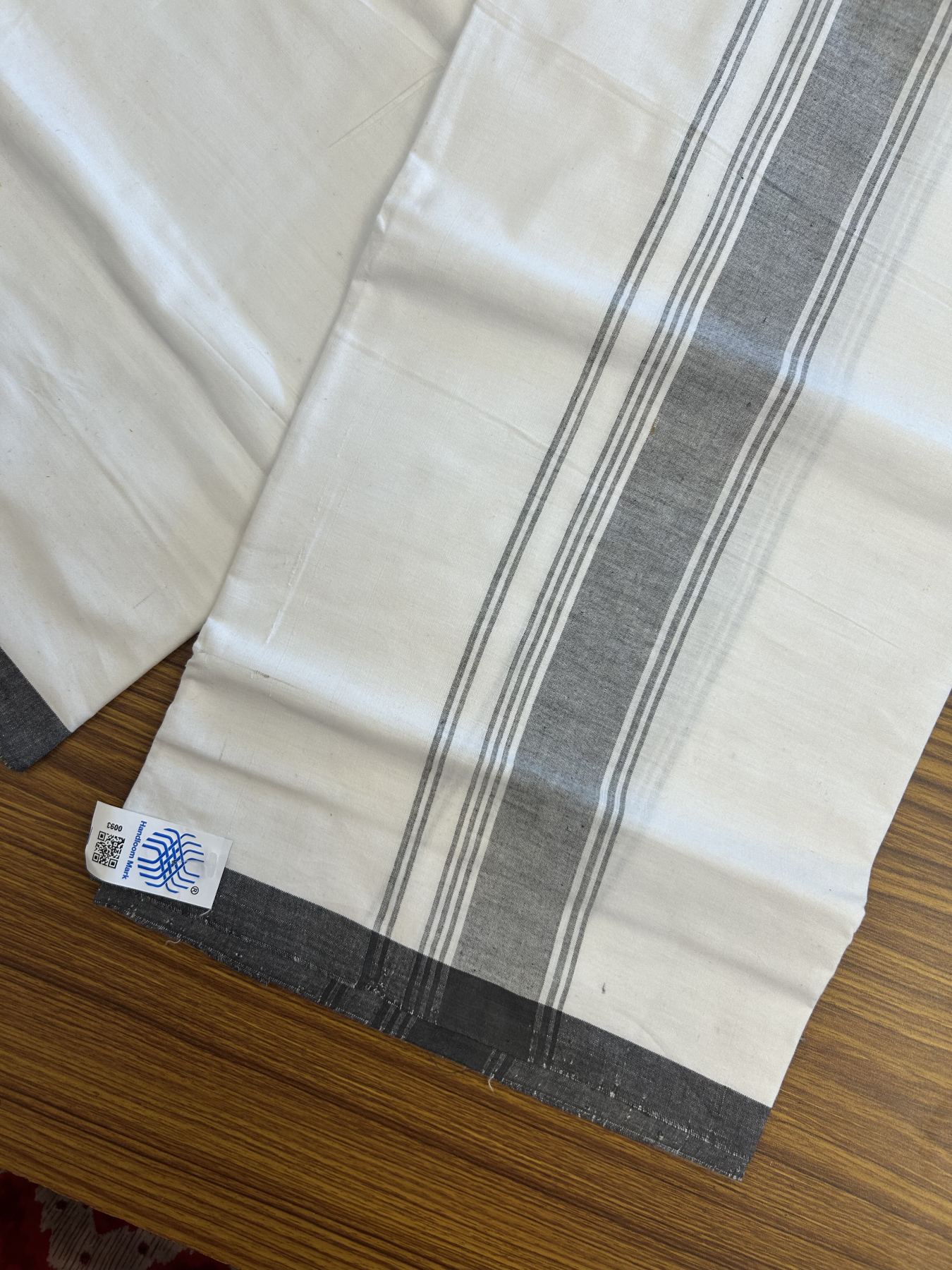 Kerala Handloom - Signature Kaitharikada - Government Sealed Hallmarked - 100% Pure Cotton 2/60X40s Thread - Light White Single Mundu / Dhoti - 2 inch Black Striped Kara - 2 KK8046 KAL