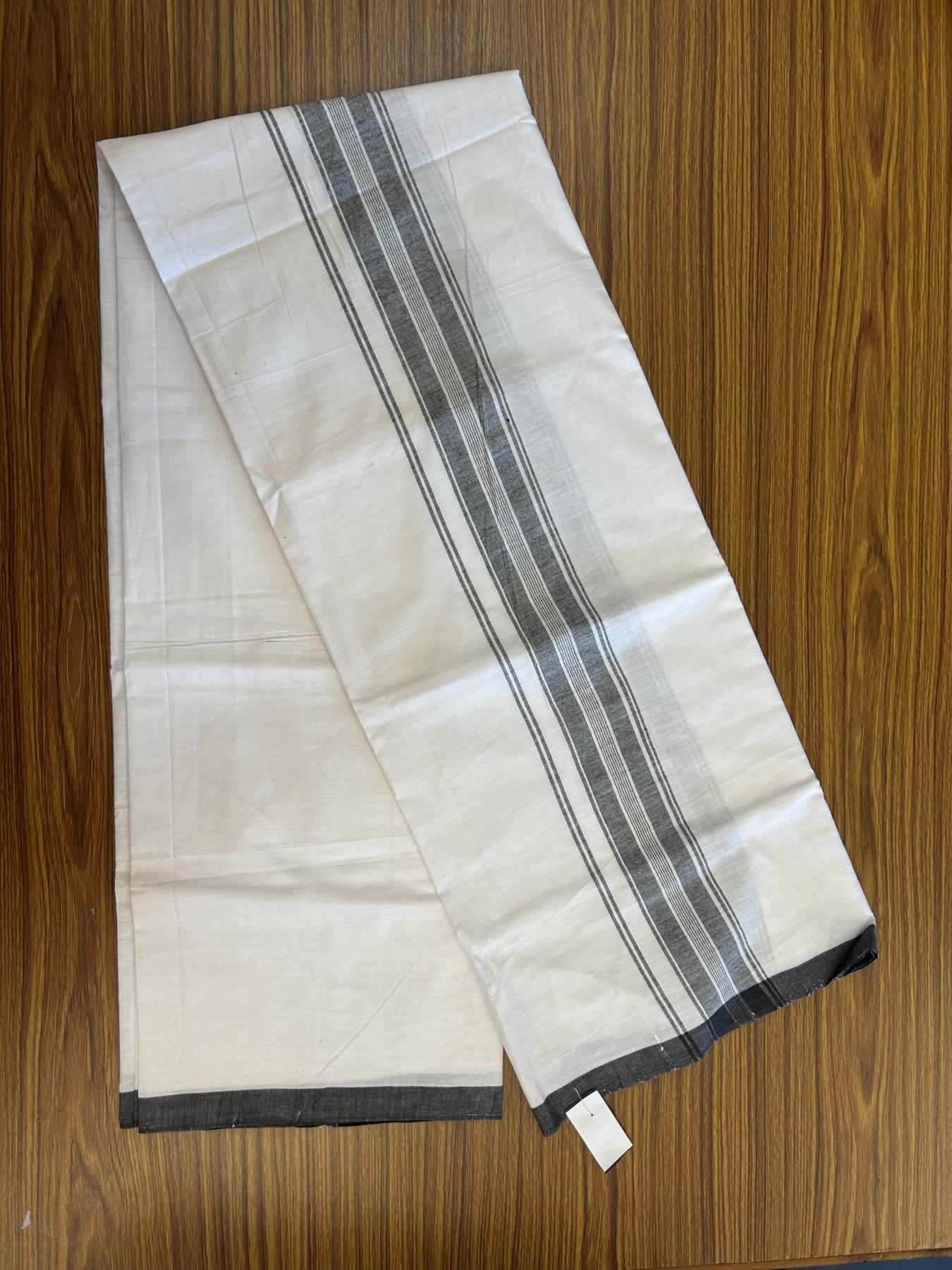 Kerala Handloom - Signature Kaitharikada - Government Sealed Hallmarked - 100% Pure Cotton 2/60X40s Thread - Light White Single Mundu / Dhoti - 2 inch Black Striped Kara - 4 KK8046 KAL