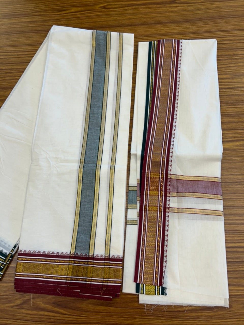 20% Discount! KaithariKada Mixed Cotton Off White - (Unbleached) 80x90 thread - North Indian - Gamcha 8x4 - 2 inch kara with Green & Maroon Gold Kasav Jacquard border - 21 KK5303 PMC