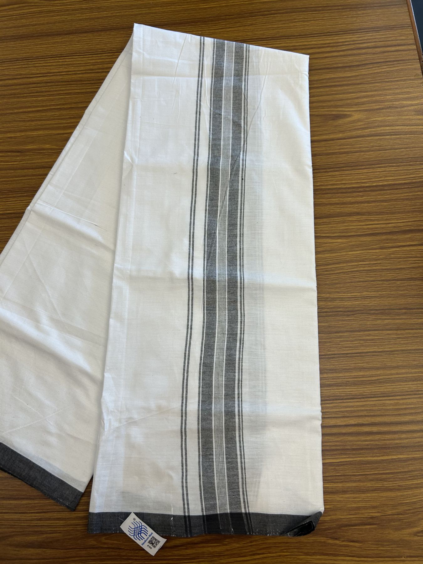 Kerala Handloom - Signature Kaitharikada - Government Sealed Hallmarked - 100% Pure Cotton 2/60X40s Thread - Light White Single Mundu / Dhoti - 2 inch Black Striped Kara - 4 KK8046 KAL