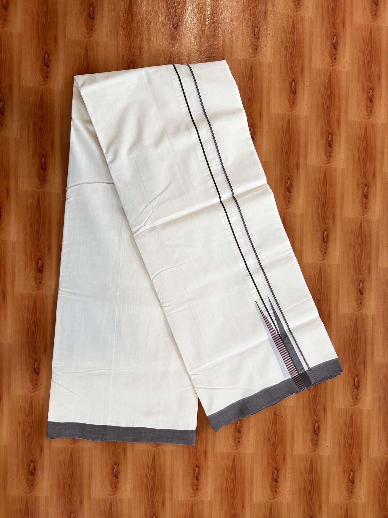 Double Off White (Unbleached) Mundu/Dhoti - 25% Discount!! KaithariKada Handloom Unakkupaav - Kerala Handloom - 100% Pure Cotton - 100x80 - 0.75 inch Brown & Peach Pink Striped Chutty Kara 4 meter (8.5 muzham) - 4 KK5436 REA