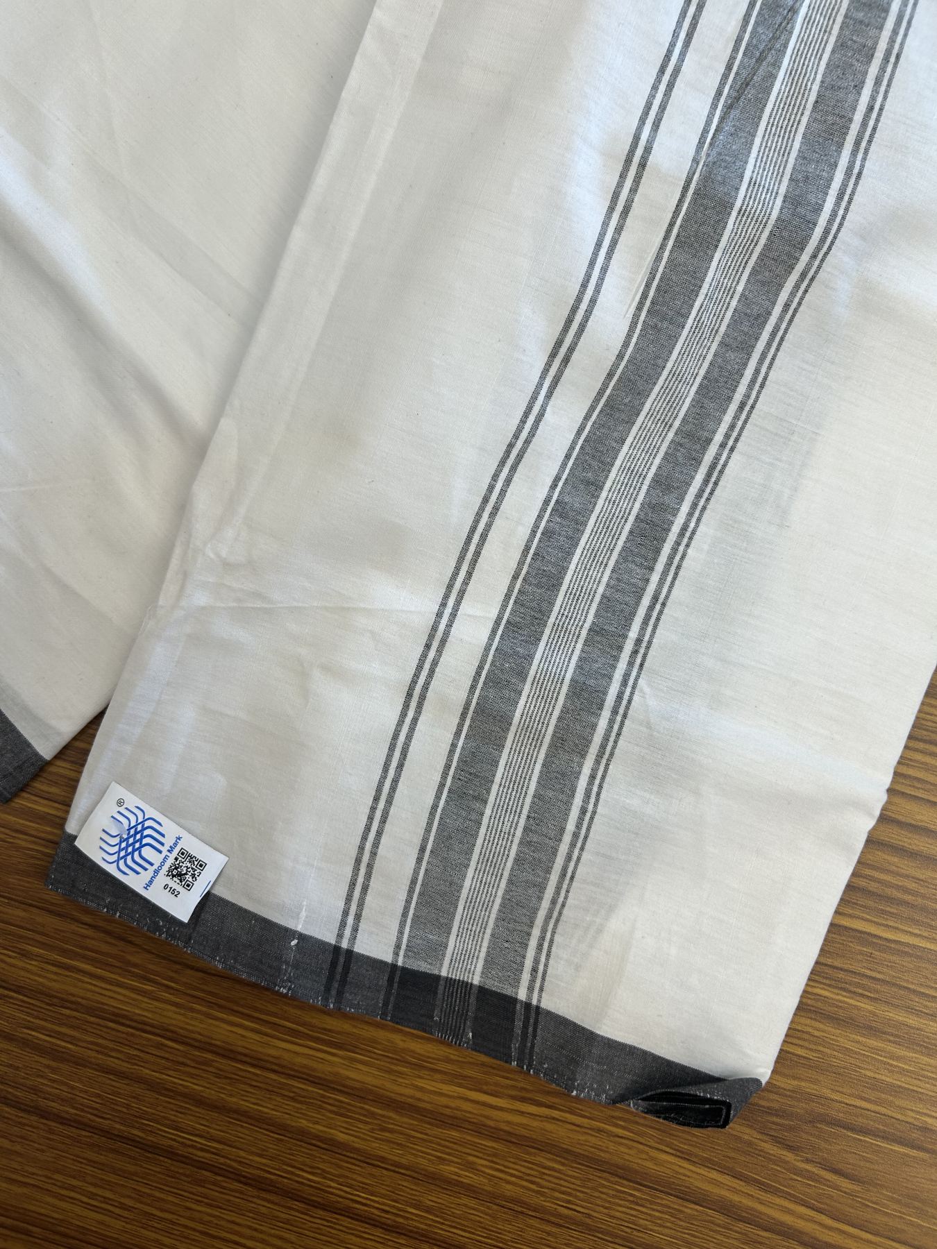 Kerala Handloom - Signature Kaitharikada - Government Sealed Hallmarked - 100% Pure Cotton 2/60X40s Thread - Light White Single Mundu / Dhoti - 2 inch Black Striped Kara - 4 KK8046 KAL