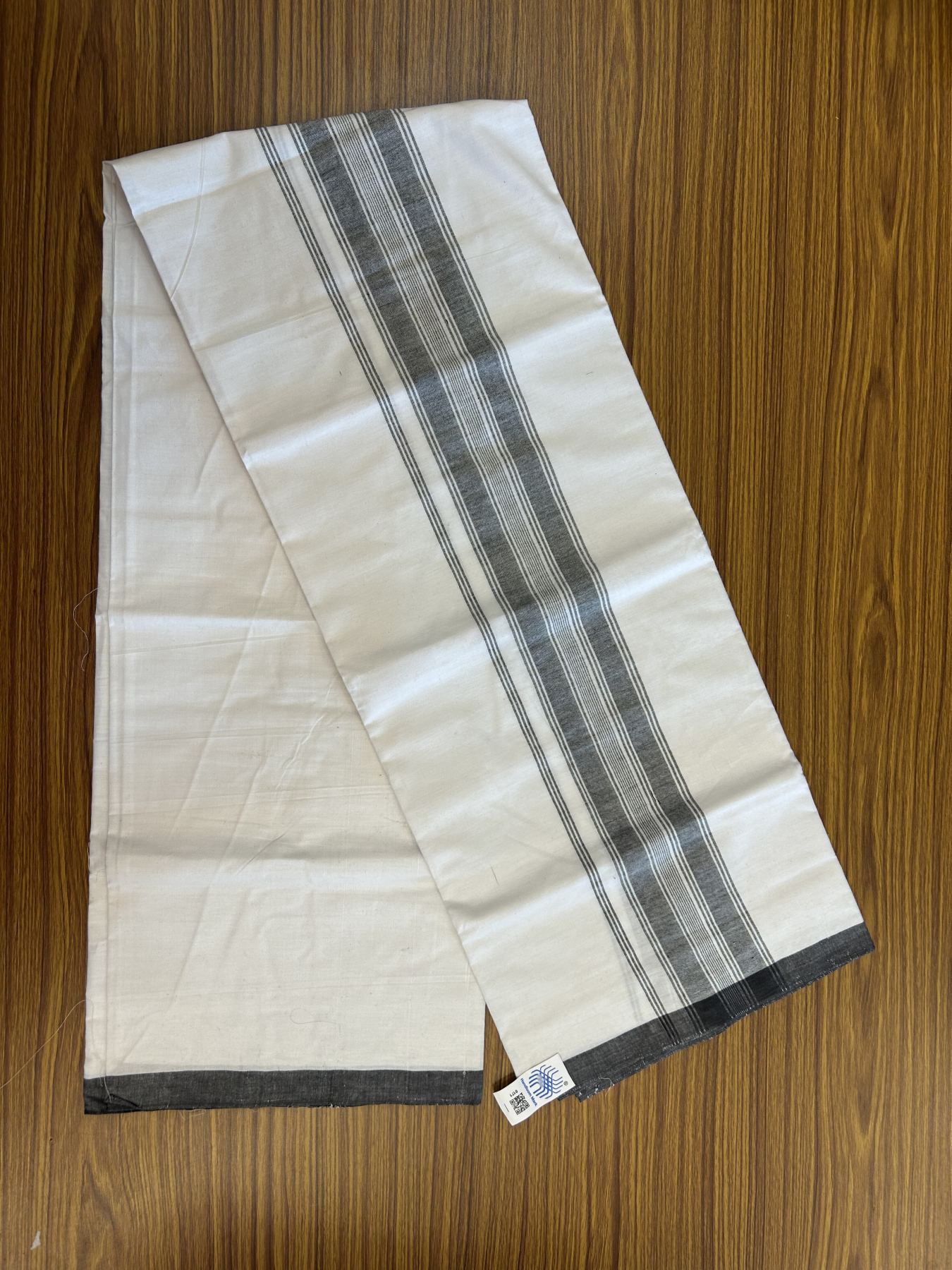 Kerala Handloom - Signature Kaitharikada - Government Sealed Hallmarked - 100% Pure Cotton 2/60X40s Thread - Light White Single Mundu / Dhoti - 2.75 inch Black Striped Kara - 6 KK8046 KAL