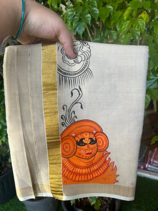 20% Discount! KaithariKada Balaramapuram 100% Cotton 80x72 - Gold Kasavu TISSUE Double Dhoti/Mund Theyyam Hand painted Mural design - 109KK5227 PMC