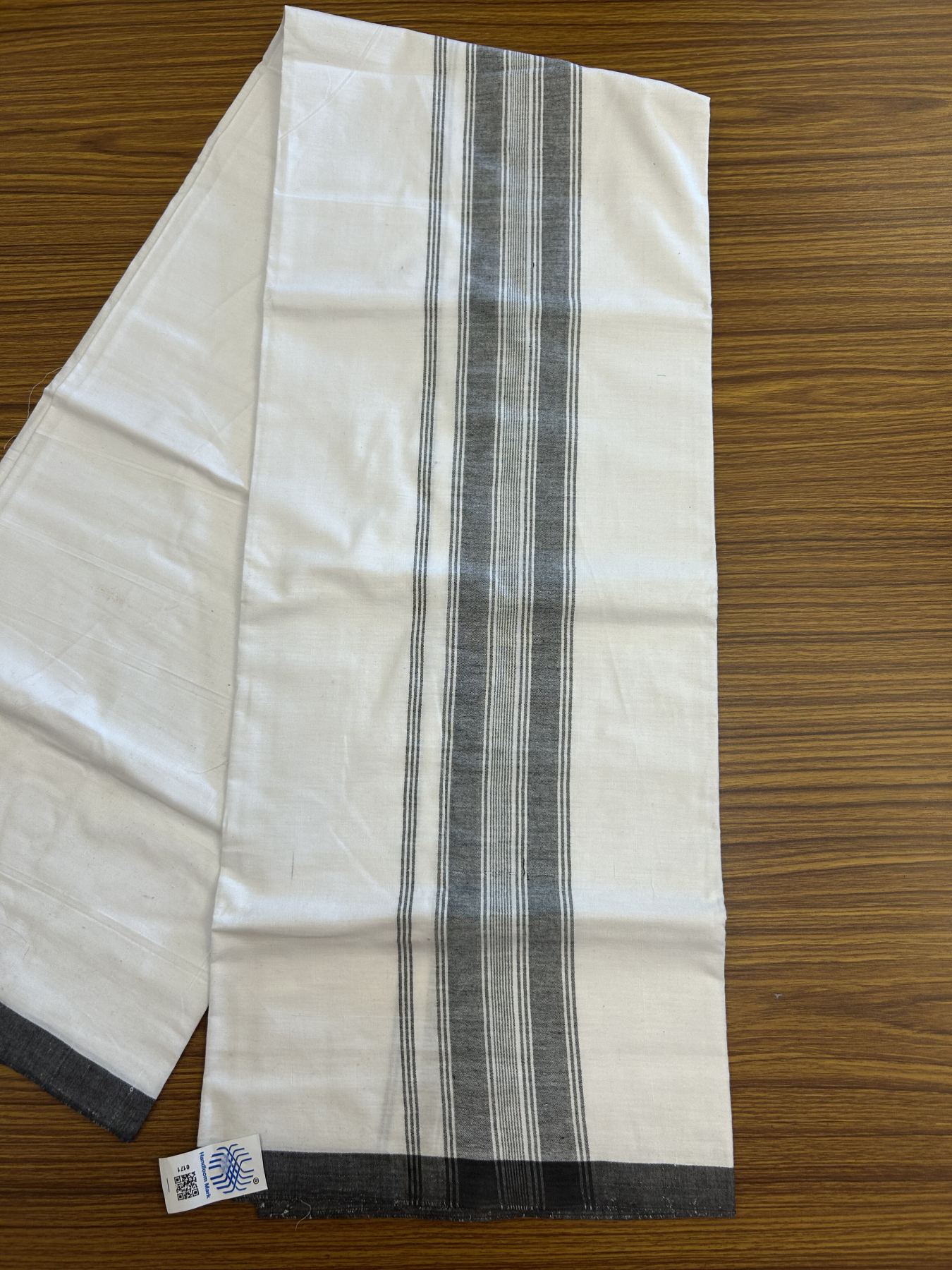 Kerala Handloom - Signature Kaitharikada - Government Sealed Hallmarked - 100% Pure Cotton 2/60X40s Thread - Light White Single Mundu / Dhoti - 2.75 inch Black Striped Kara - 6 KK8046 KAL