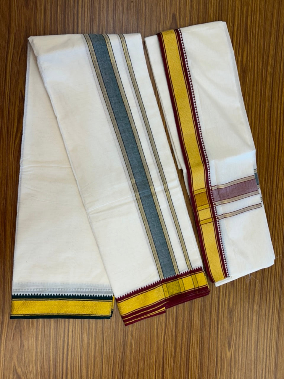 20% Discount! KaithariKada  Mixed Cotton Off White - (Unbleached) 80x90 thread - North Indian - Gamcha 8x4 - 2 inch kara with Maroon & Dark Green Gold Kasav border - 8 KK5303 PMC