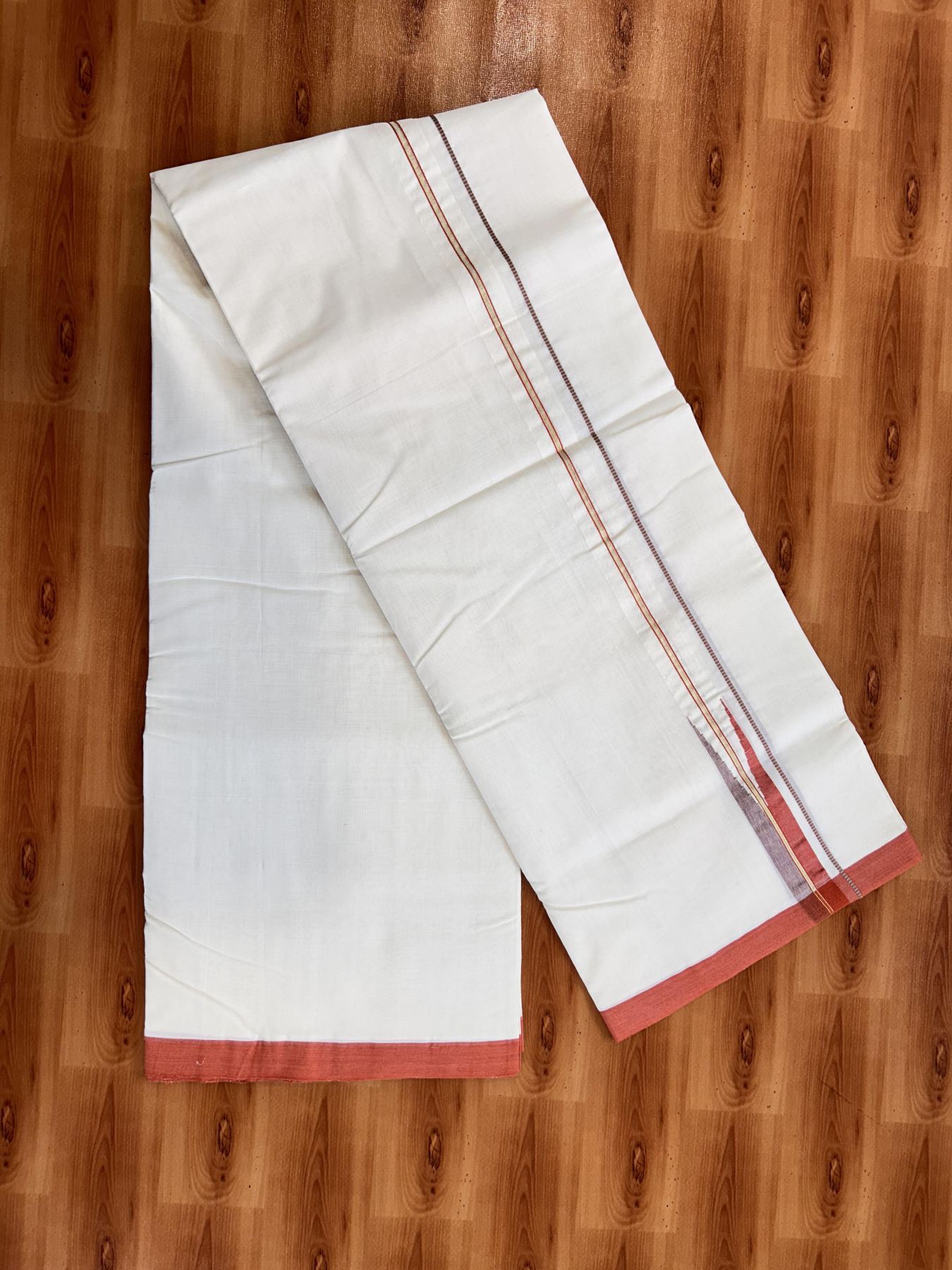 Double Off White (Unbleached) Mundu/Dhoti- 25% Discount! KaithariKada Handloom Unakkupaav - 100% Pure Cotton - 100x80 - 0.75 inch Orange, Yellow & Multi Colour Shaded Gold Kasav Pure Jerry Striped Chutty Kara 4 meter (8.5 muzham) - 6 KK5436 REA