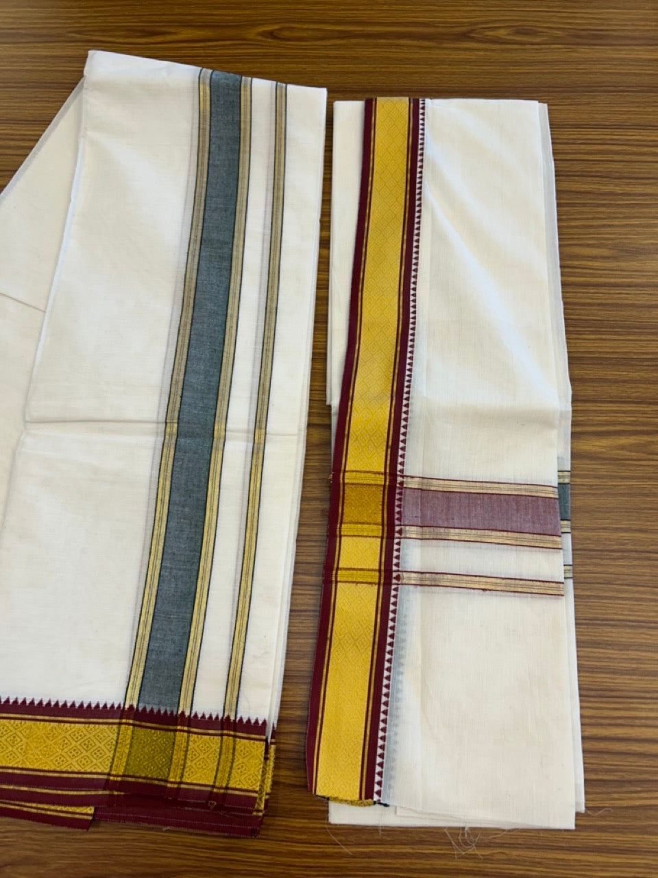 20% Discount! KaithariKada  Mixed Cotton Off White - (Unbleached) 80x90 thread - North Indian - Gamcha 8x4 - 2 inch kara with Maroon & Dark Green Gold Kasav border - 8 KK5303 PMC