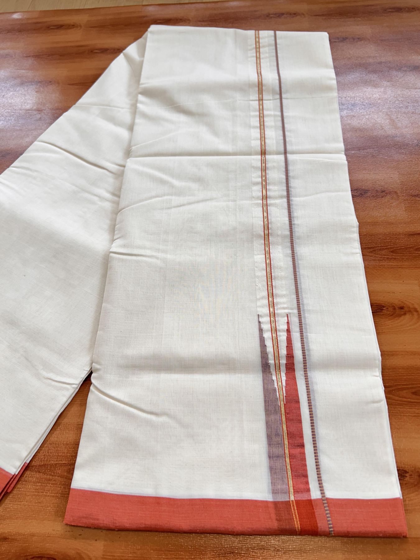 Double Off White (Unbleached) Mundu/Dhoti- 25% Discount! KaithariKada Handloom Unakkupaav - 100% Pure Cotton - 100x80 - 0.75 inch Orange, Yellow & Multi Colour Shaded Gold Kasav Pure Jerry Striped Chutty Kara 4 meter (8.5 muzham) - 6 KK5436 REA