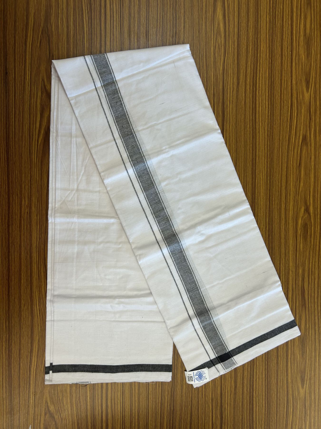 Kerala Handloom - Signature Kaitharikada - Government Sealed Hallmarked - 100% Pure Cotton 2/60X40s Thread - Light White Single Mundu / Dhoti - 1 inch Black Striped Kara - 1 KK8046 KAL
