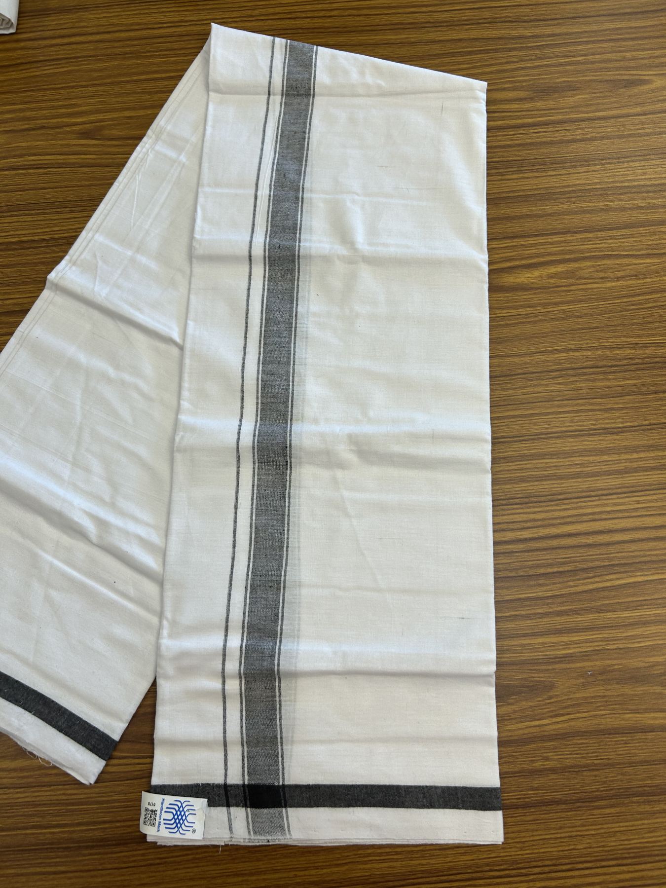Kerala Handloom - Signature Kaitharikada - Government Sealed Hallmarked - 100% Pure Cotton 2/60X40s Thread - Light White Single Mundu / Dhoti - 1 inch Black Striped Kara - 1 KK8046 KAL