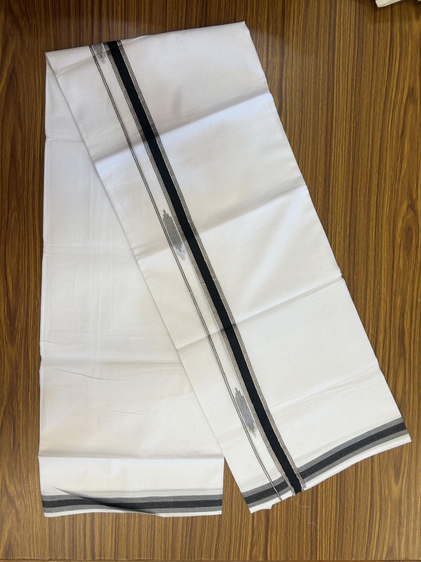20% Discount ! Kaitharikada Balaramapuram 100% Cotton Pure White Double Mundu/Dothi - 100x80 - 1.5 inch Black & Silver Kasav Striped Design Kara 3.90 mtr (8 muzham) - 83 KK5356 VAS